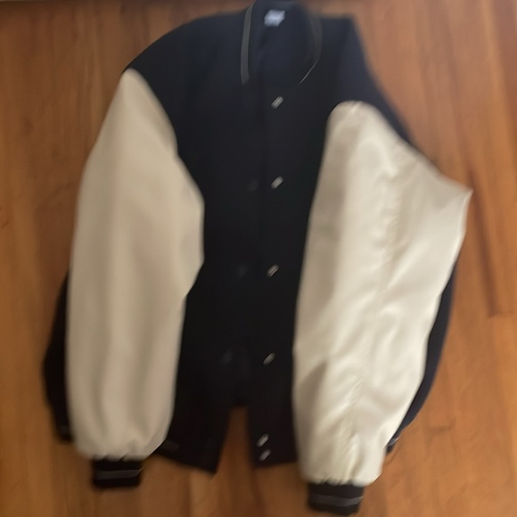 Navy blue and white letterman jacket, faux leather sleeves, soft torso. - Picture 2 of 5